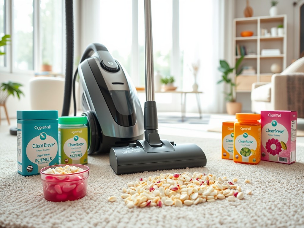 Clean Breeze scented granules for freshening up carpets and upholstery, designed to eliminate odors while vacuuming.