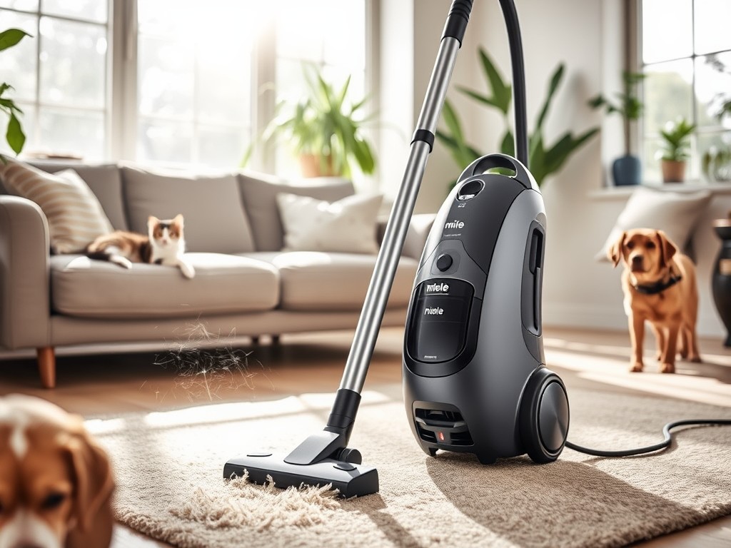 Miele Complete C3 Cat & Dog canister vacuum cleaner, equipped with a powerful motor and specialized filters to effectively capture pet hair and allergens.