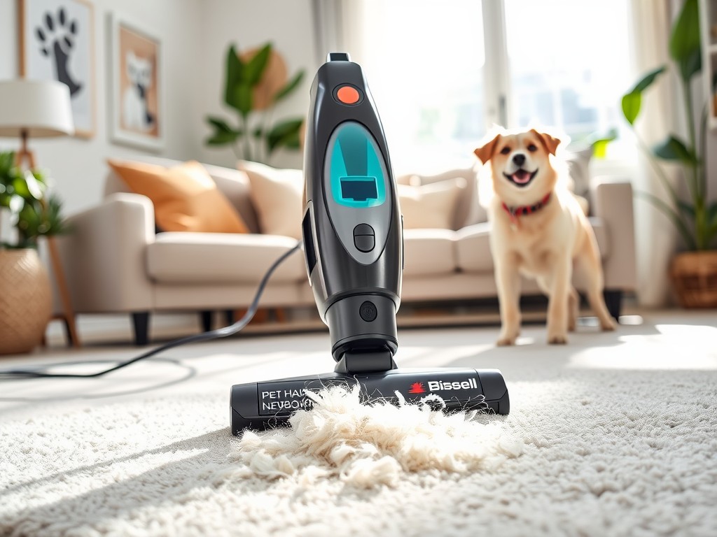 Bissell Pet Hair Eraser Turbo vacuum cleaner, designed specifically for pet owners, featuring powerful suction and specialized tools for removing pet hair.