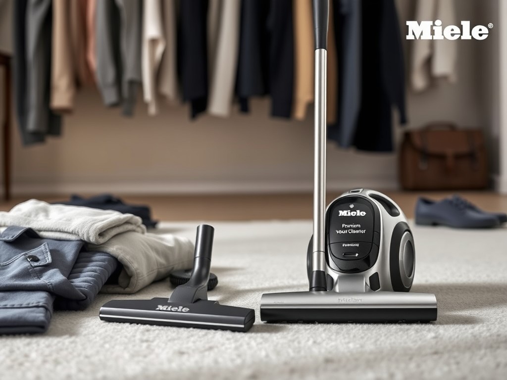 Miele vacuum cleaner on a carpet with folded clothes, highlighting its high-quality, durable design.