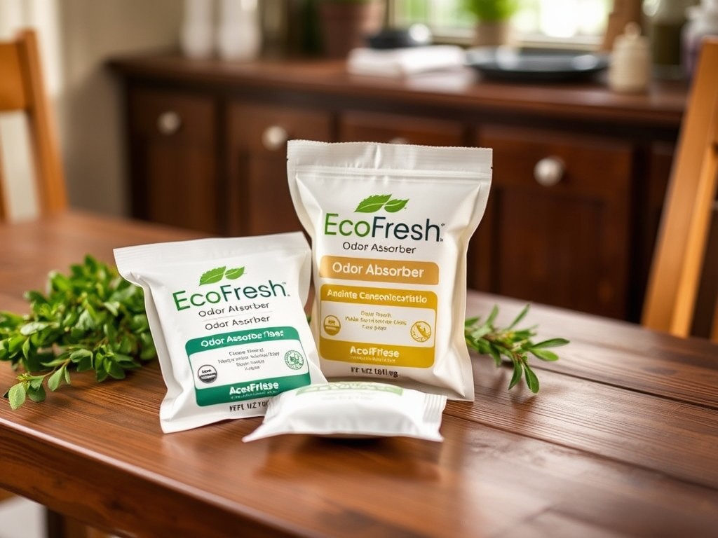 EcoFresh natural sachets for odor elimination, featuring eco-friendly ingredients to keep your home smelling fresh.