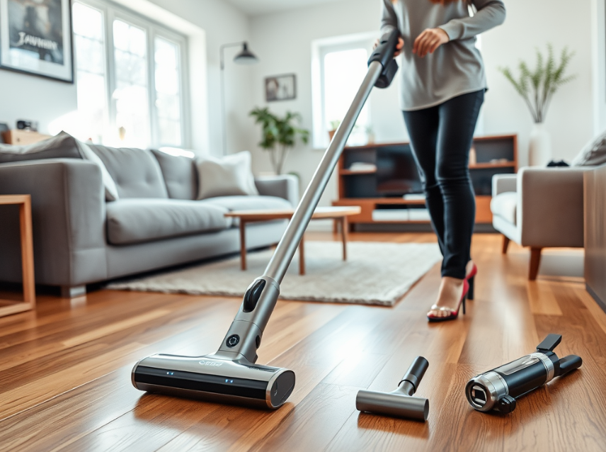 Person cleaning a hardwood floor in a bright living room using a cordless Gtech vacuum cleaner, with the Gtech AirRAM 3 and handheld vacuum displayed nearby.