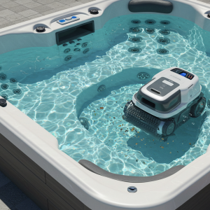 Robotic vacuum cleaner submerged in a hot tub, cleaning the floor through automated motion in a modern outdoor setting.