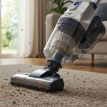 Vacuum cleaner removing tiny debris and pet hair from carpet, representing flea removal in a home setting.