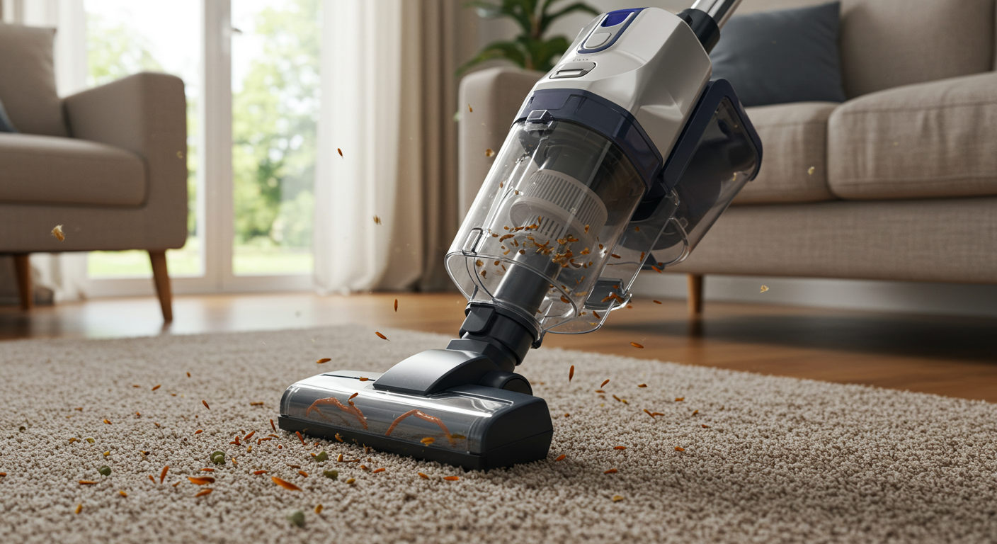 Vacuum cleaner removing tiny debris and pet hair from carpet, representing flea removal in a home setting.