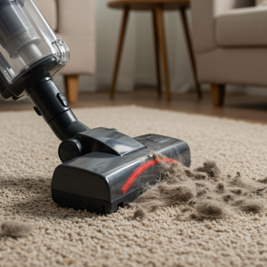 Modern vacuum cleaner removing scattered pet hair from a carpet in a cozy, well-lit living room.