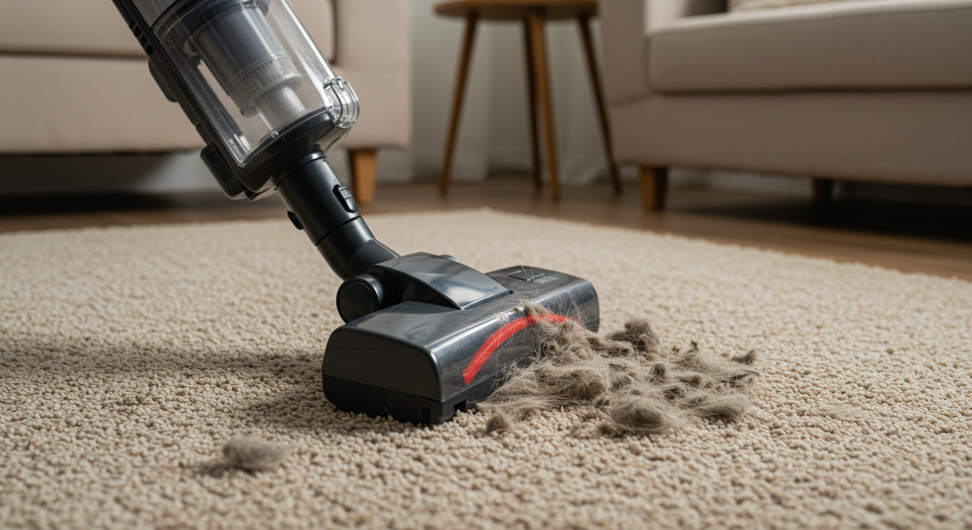 Modern vacuum cleaner removing scattered pet hair from a carpet in a cozy, well-lit living room.