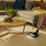 A person is vacuuming pet hair from a carpet