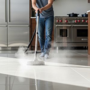 A person using steam vacuum cleaner