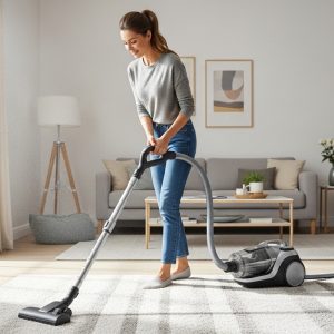 Wome using canister vacuum cleaner