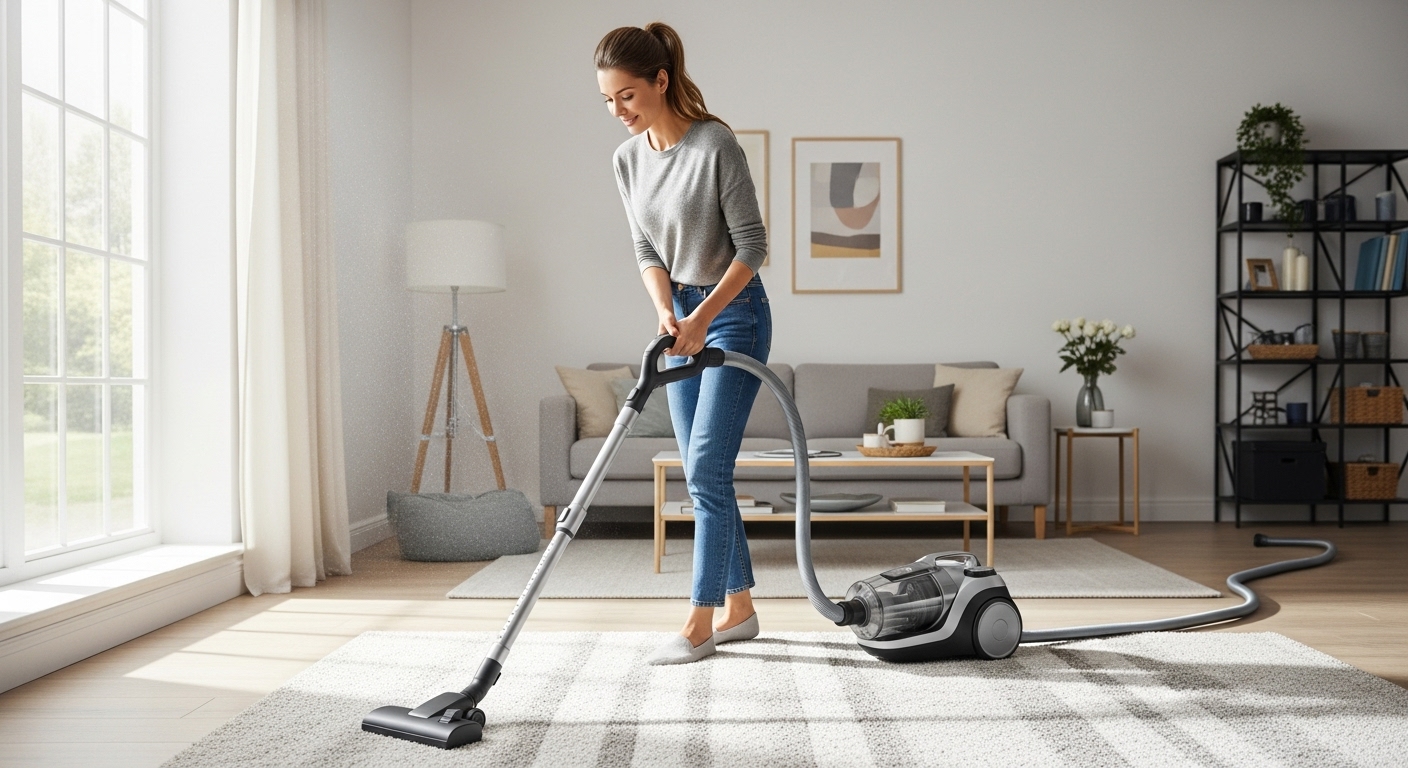 Wome using canister vacuum cleaner