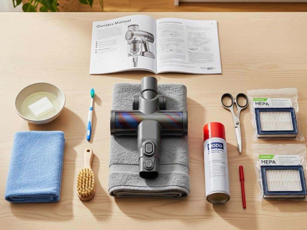 Essential tools and supplies laid out for cleaning a cordless vacuum cleaner including soft cloth, brush, mild soap, towel, scissors, compressed air, replacement filters, and manual