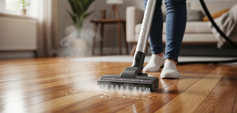 Steam vacuum cleaner cleaning sealed hardwood floor safely.