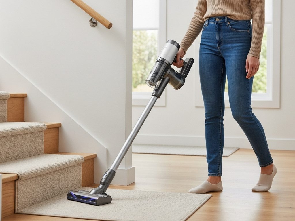 A person vacuuming stairs