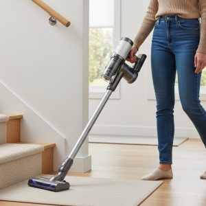 A person vacuuming stairs