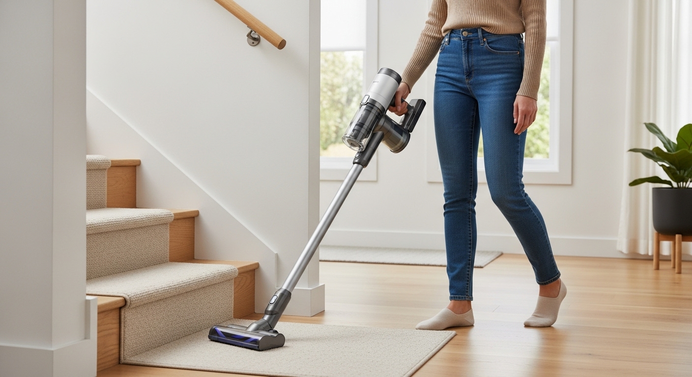 A person vacuuming stairs