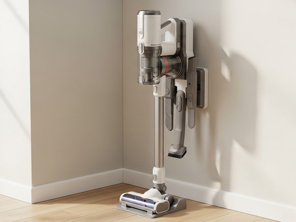 Cordless vacuum cleaner stored vertically on a docking station in a clean, dry area to maintain performance and prolong battery life