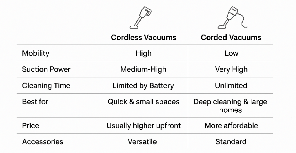 Quick Comparison: Cordless vs Corded Vacuums at a Glance
