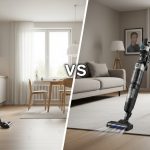 Cordless vs corded vacuums side by side in modern home settings
