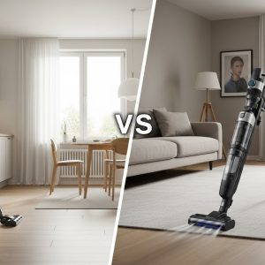 Cordless vs corded vacuums side by side in modern home settings