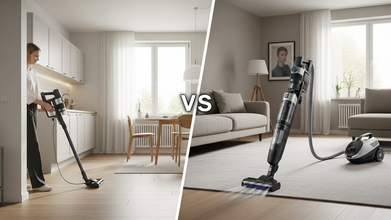 Cordless vs corded vacuums side by side in modern home settings