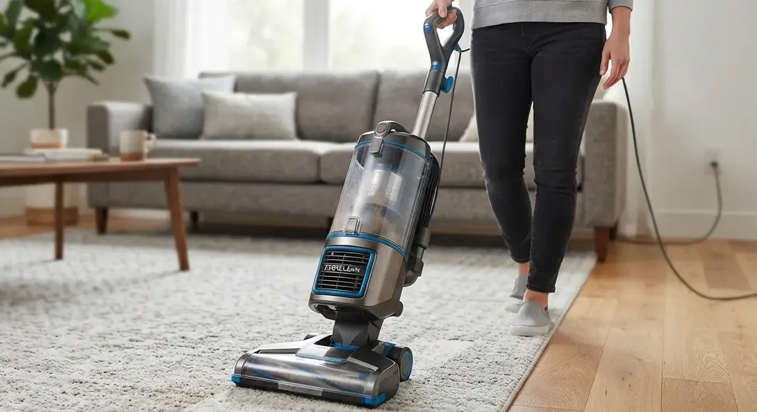 Person using an upright vacuum to clean a carpet and hardwood floor