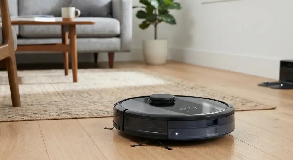 Robot vacuum cleaning a wooden floor in a modern living room