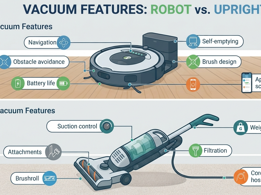 Robot vacuum and upright vacuum features include navigation, obstacle avoidance, brushroll, filtration, and attachments