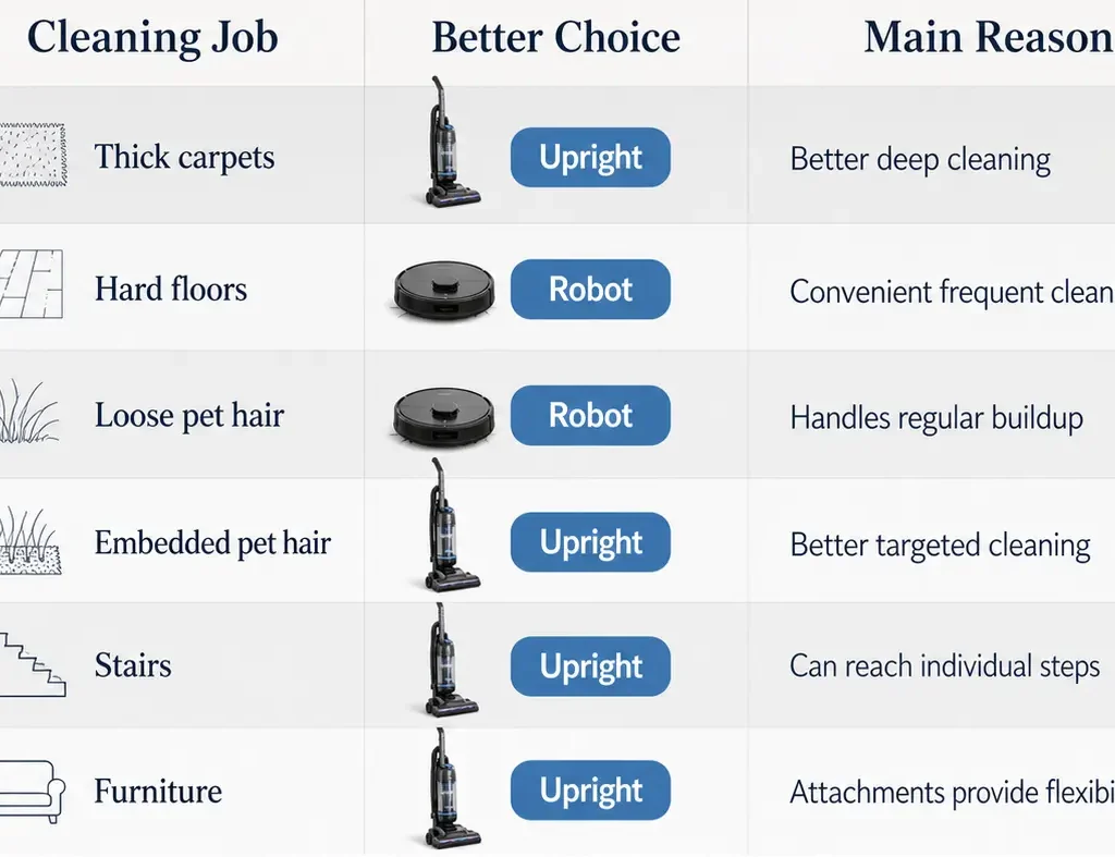 Robot vacuum vs upright vacuum comparison for carpets, hard floors, pet hair, stairs, and furniture
